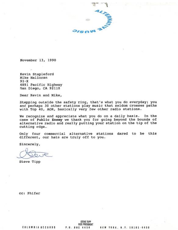 Letter to 91X's Mike Halloran and Kevin Stapleford for adding Public Enemy from Steve Tipp of Columbia Records